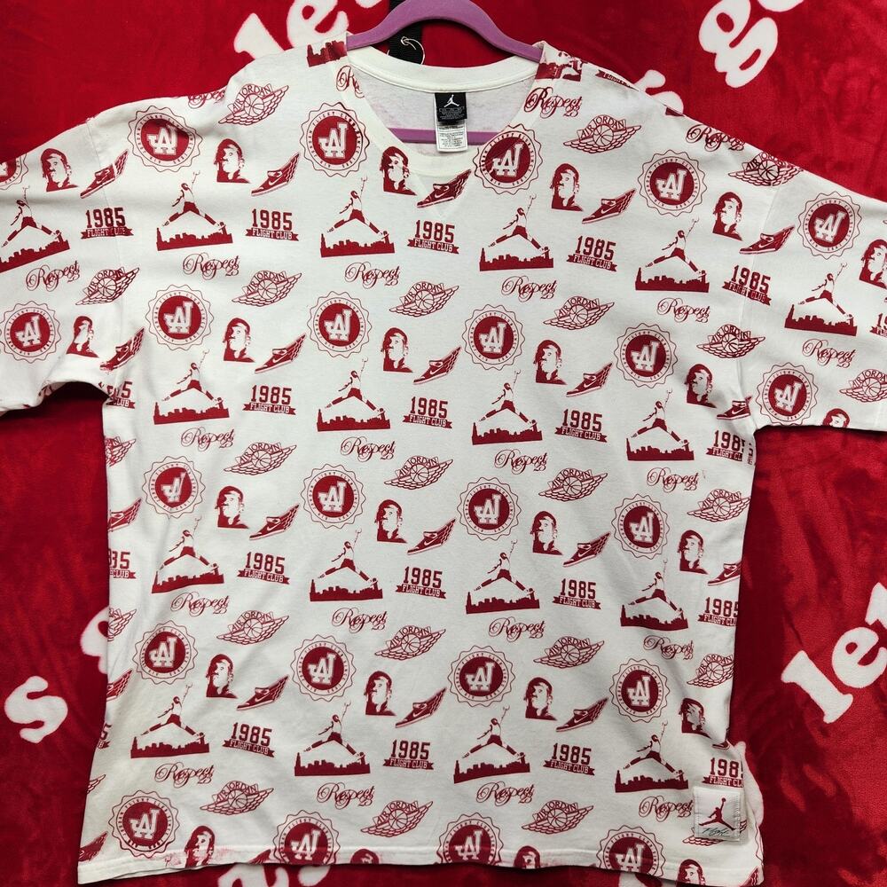 Jordan Flight Club 1985 All Over Print Graphic T Shirt Men's 3XL White Red...